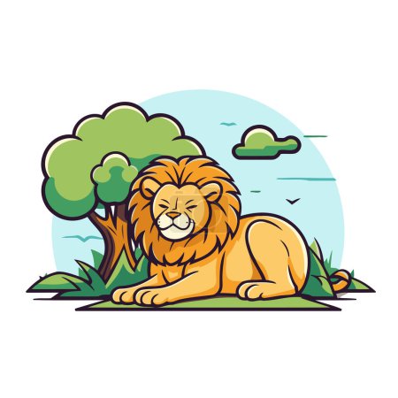 Téléchargez les illustrations : Lion couché sur l'herbe dans le parc. Illustration vectorielle. - en licence libre de droit