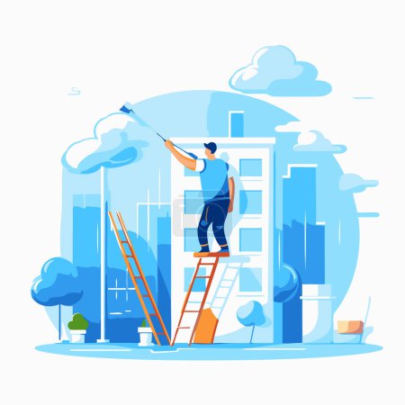 Illustration for Repairman on the ladder painting the building. Vector illustration in flat style - Royalty Free Image