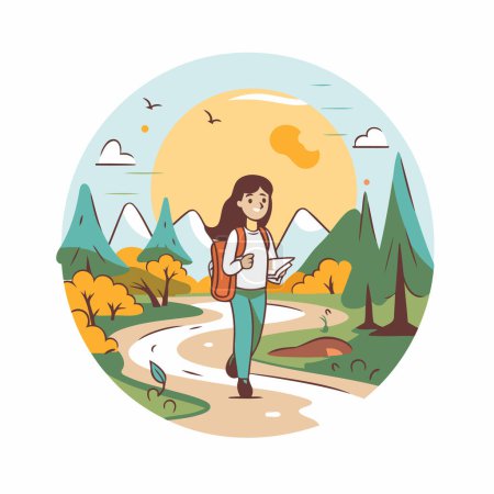 Téléchargez les illustrations : Jeune femme avec un sac à dos marchant dans le parc. Illustration vectorielle. - en licence libre de droit