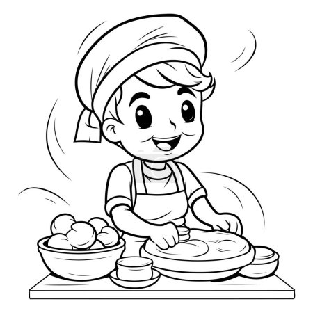 Téléchargez les illustrations : Illustration de bande dessinée en noir et blanc de la nourriture mignonne de cuisson de petit garçon pour le livre de coloriage - en licence libre de droit