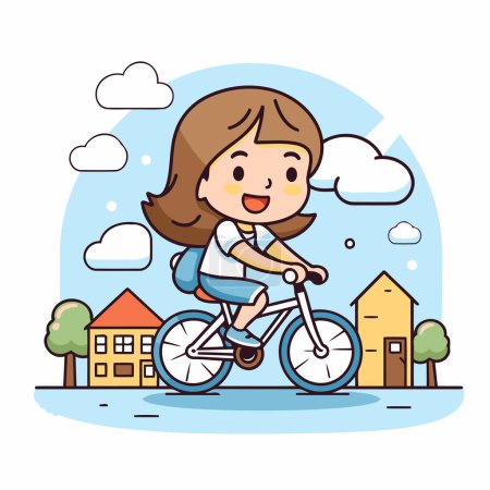 Illustration for Girl riding bicycle in the city. Cute cartoon style vector illustration. - Royalty Free Image