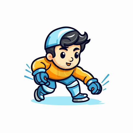 Chico de dibujos animados jugando hockey sobre hielo. Ilustración vectorial aislada sobre fondo blanco.