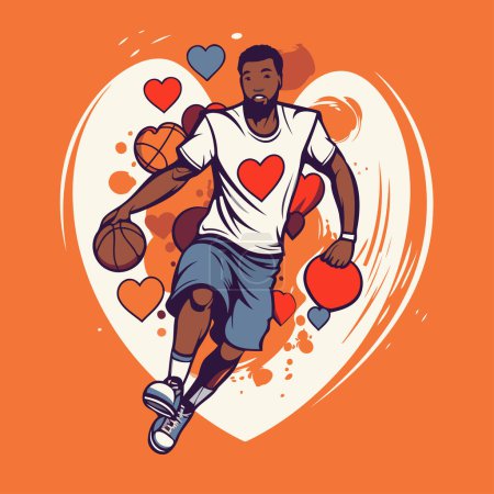 Illustration for Vector illustration of a basketball player with ball and hearts on orange background. - Royalty Free Image