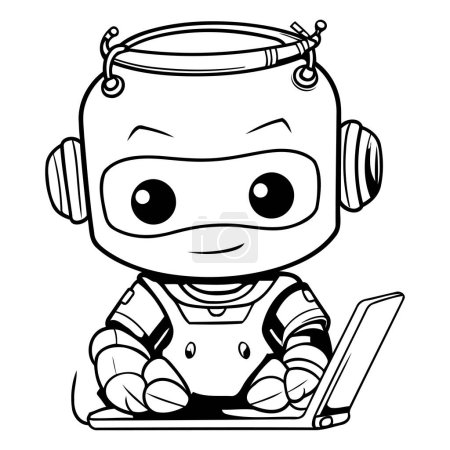 Ilustración de Robot con Laptop - Ilustración de dibujos animados en blanco y negro. Vector - Imagen libre de derechos
