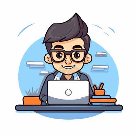 Téléchargez les illustrations : Homme d'affaires travaillant sur un ordinateur portable au bureau. Illustration vectorielle de personnage de dessin animé plat - en licence libre de droit