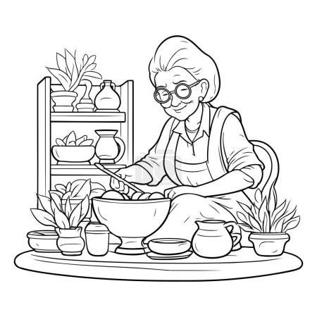 Illustration for Woman potter at work. Black and white vector illustration for coloring book. - Royalty Free Image