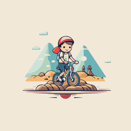 Illustration for Girl riding a bicycle in the mountains. Vector illustration in flat style - Royalty Free Image