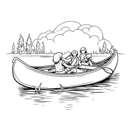 Illustration for Couple in a boat on the lake. Black and white vector illustration. - Royalty Free Image