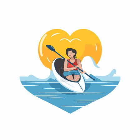 Ilustración de Hombre en kayak con el corazón en el fondo. Ilustración vectorial plana. - Imagen libre de derechos