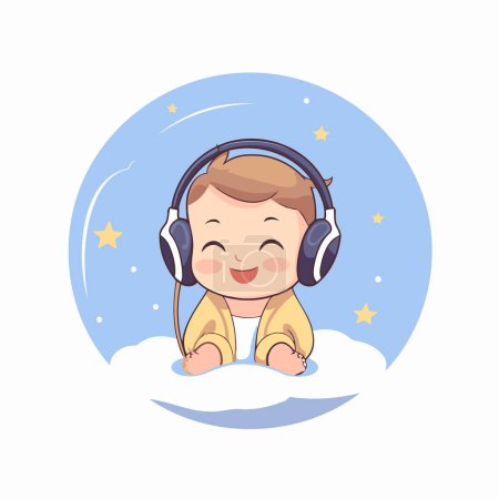 Illustration for Cute little boy with headphones and cloud vector illustration graphic design. - Royalty Free Image