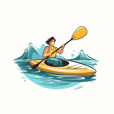 Ilustración de Mujer remando un kayak en el océano. Ilustración vectorial. - Imagen libre de derechos