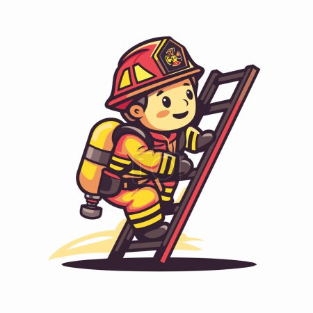 Téléchargez les illustrations : Un pompier monte l'échelle. Illustration vectorielle de bande dessinée isolée sur fond blanc. - en licence libre de droit