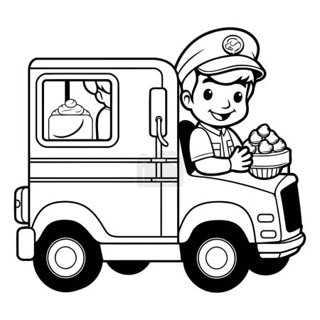 Téléchargez les illustrations : Camion alimentaire avec un garçon et crème glacée. Illustration vectorielle noir et blanc. - en licence libre de droit
