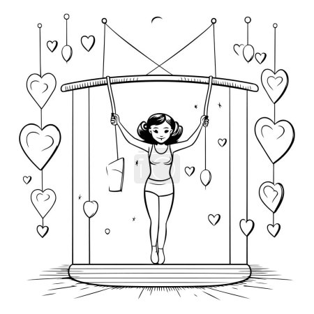 Illustration for Girl swinging on a swing with hearts around. Black and white vector illustration for coloring book. - Royalty Free Image
