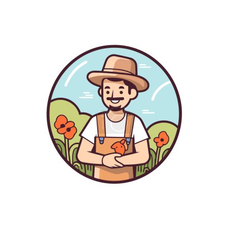 Illustration for Farmer in hat and apron working in the garden. Vector illustration. - Royalty Free Image