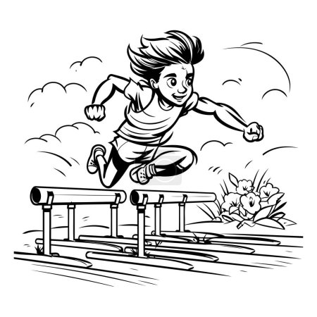 Photo for Boy jumping over a hurdle in the park. Black and white vector illustration. - Royalty Free Image