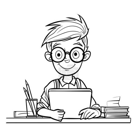 Illustration for Boy with glasses working at the computer. black and white vector illustration - Royalty Free Image