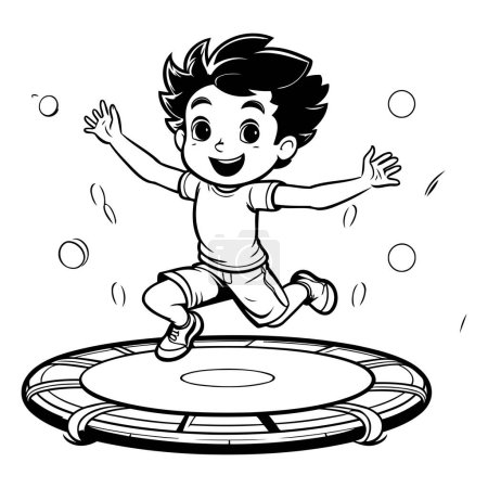 Téléchargez les illustrations : Petit garçon sautant sur le trampoline. Illustration vectorielle noir et blanc. - en licence libre de droit
