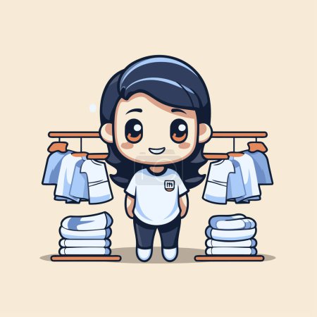 Illustration for Cute boy with clothes on the washing line cartoon vector illustration. - Royalty Free Image