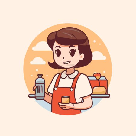 Illustration for Coffee shop. Cute cartoon girl character in apron. Vector illustration - Royalty Free Image