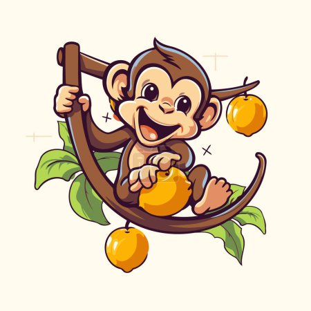 Téléchargez les illustrations : Mignon singe assis sur une branche et tenant une orange. Illustration vectorielle. - en licence libre de droit