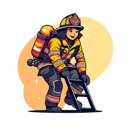 Téléchargez les illustrations : Pompier en uniforme et casque debout sur l'échelle. Illustration vectorielle. - en licence libre de droit