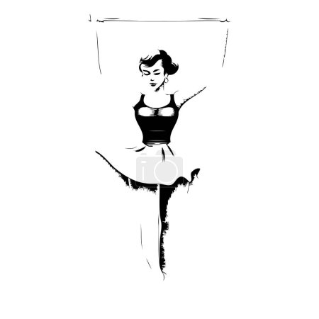 Ilustración de Hermosa mujer en un vestido sexy. Ilustración vectorial en blanco y negro. - Imagen libre de derechos