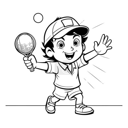 Ilustración de Ilustración de dibujos animados en blanco y negro de un niño jugando al tenis con raqueta y pelota - Imagen libre de derechos