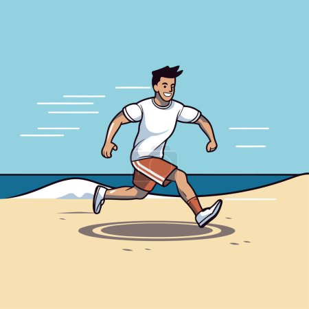 Téléchargez les illustrations : Un homme qui court sur la plage. Illustration vectorielle dans un style de dessin animé. - en licence libre de droit