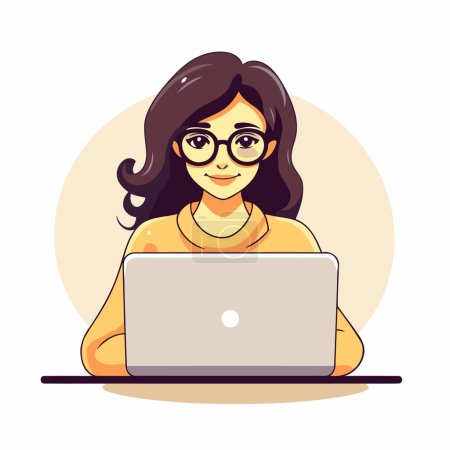 Téléchargez les illustrations : Illustration vectorielle d'une fille avec des lunettes travaillant sur un ordinateur portable. - en licence libre de droit