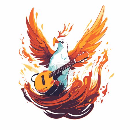 Illustration for Guitar with wings and a bird on fire. Vector illustration. - Royalty Free Image