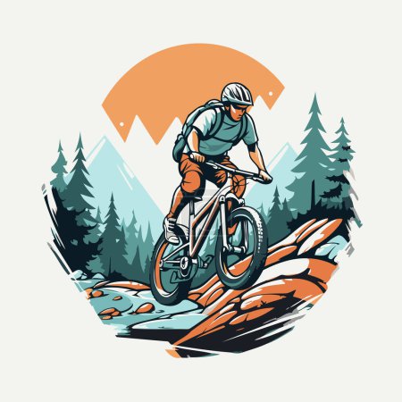 Illustration for Mountain biker riding in the mountains. Vector illustration in retro style. - Royalty Free Image