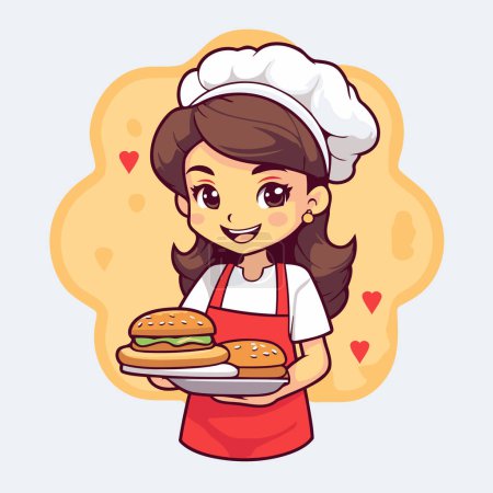 Téléchargez les illustrations : Jolie fille chef de bande dessinée tenant une assiette avec hamburger. Illustration vectorielle. - en licence libre de droit