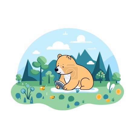 Ilustración de Bonito oso de dibujos animados en el parque. Ilustración vectorial en estilo plano. - Imagen libre de derechos
