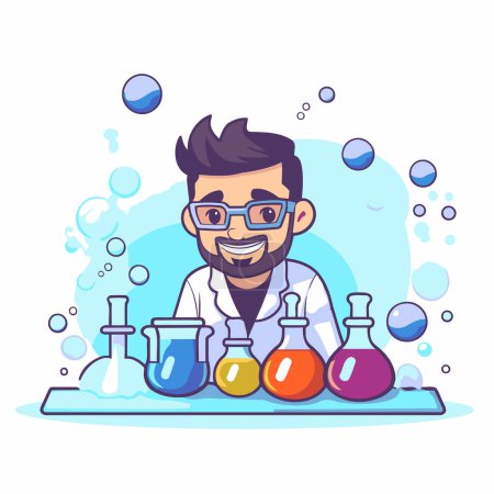 Illustration for Scientist working in chemical laboratory. Vector illustration in cartoon style. - Royalty Free Image