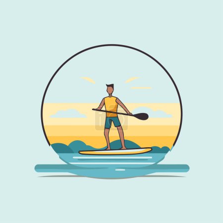 Illustration for Man on Stand Up Paddle Board. Flat Vector Illustration. - Royalty Free Image
