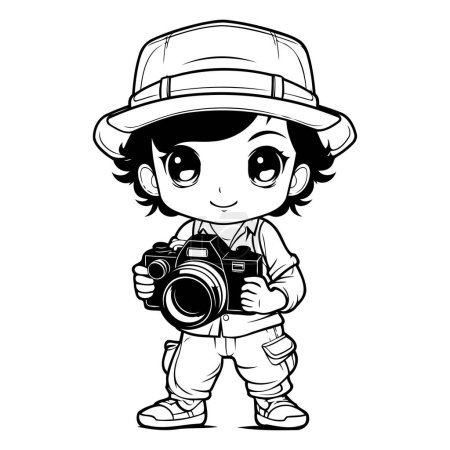 Illustration for Boy Photographer with Camera - Black and White Cartoon Illustration. Vector - Royalty Free Image