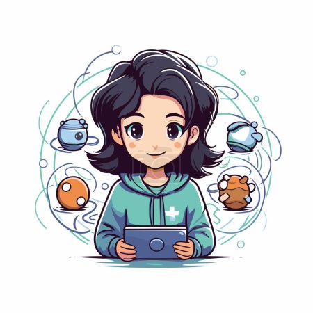 Illustration for Cute little girl with tablet computer. Vector illustration. Cartoon style. - Royalty Free Image