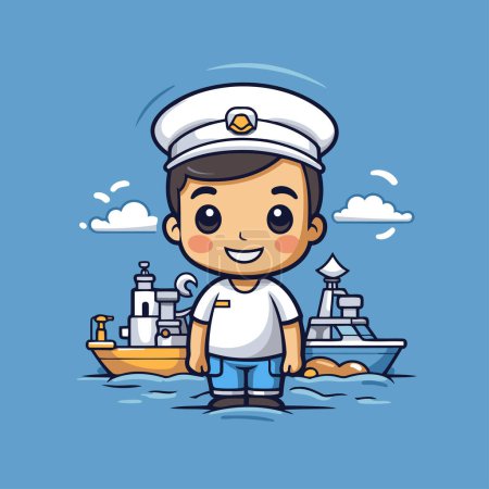 Illustration for Sailor boy with ship. Cute cartoon vector illustration. - Royalty Free Image