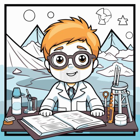 Ilustración de Lindo chico científico de dibujos animados en el laboratorio. Ilustración vectorial de un niño científico. - Imagen libre de derechos