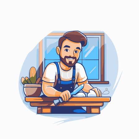 Téléchargez les illustrations : Un homme souriant dans un tablier et un tablier travaillant à la fenêtre. Illustration vectorielle - en licence libre de droit