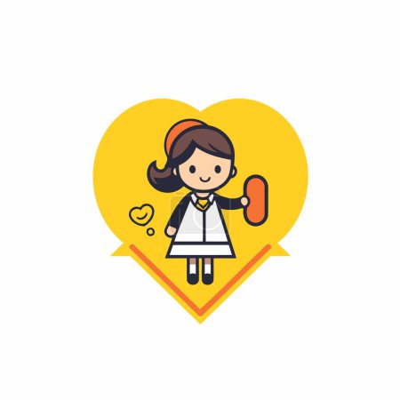 Téléchargez les illustrations : Une fille tenant un hot-dog en forme de cœur. Illustration vectorielle. - en licence libre de droit