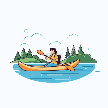 Illustration for Man kayaking on the river. Vector illustration in flat style. - Royalty Free Image