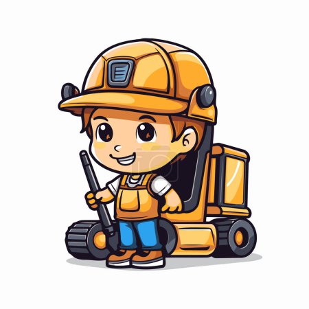 Illustration for Cute little boy in a construction helmet with a loader. Vector illustration - Royalty Free Image