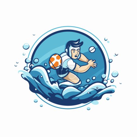 Téléchargez les illustrations : Joueur de water-polo avec balle sur la vague. Illustration vectorielle. - en licence libre de droit