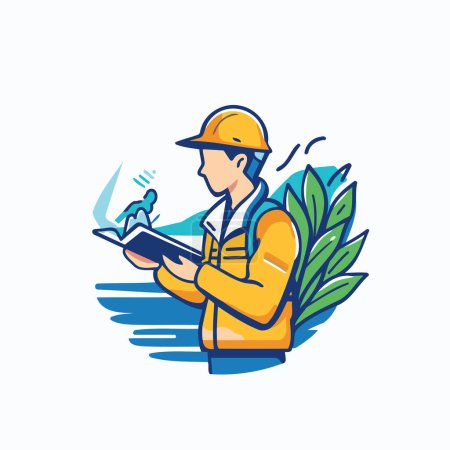 Worker with a notebook in his hands. Vector illustration in flat style.