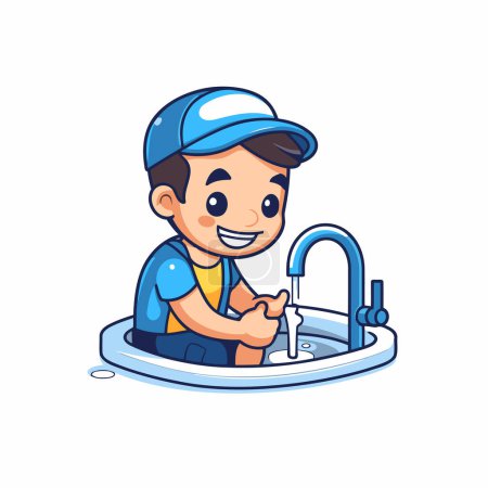 Illustration for Plumber boy washing his hands in the sink. Vector illustration. - Royalty Free Image