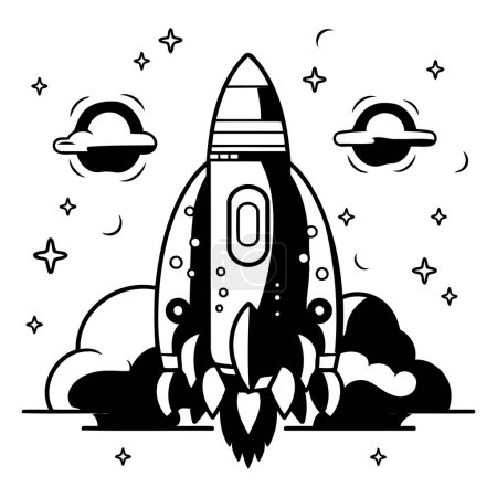 Téléchargez les illustrations : Fusée spatiale volant avec nuages et étoiles illustration vectorielle graphisme noir et blanc - en licence libre de droit