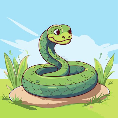 Ilustración de Linda serpiente verde en la hierba. Ilustración vectorial de una serpiente de dibujos animados. - Imagen libre de derechos