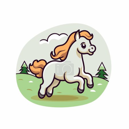 Illustration for Cute cartoon pony running in the meadow. Vector illustration. - Royalty Free Image